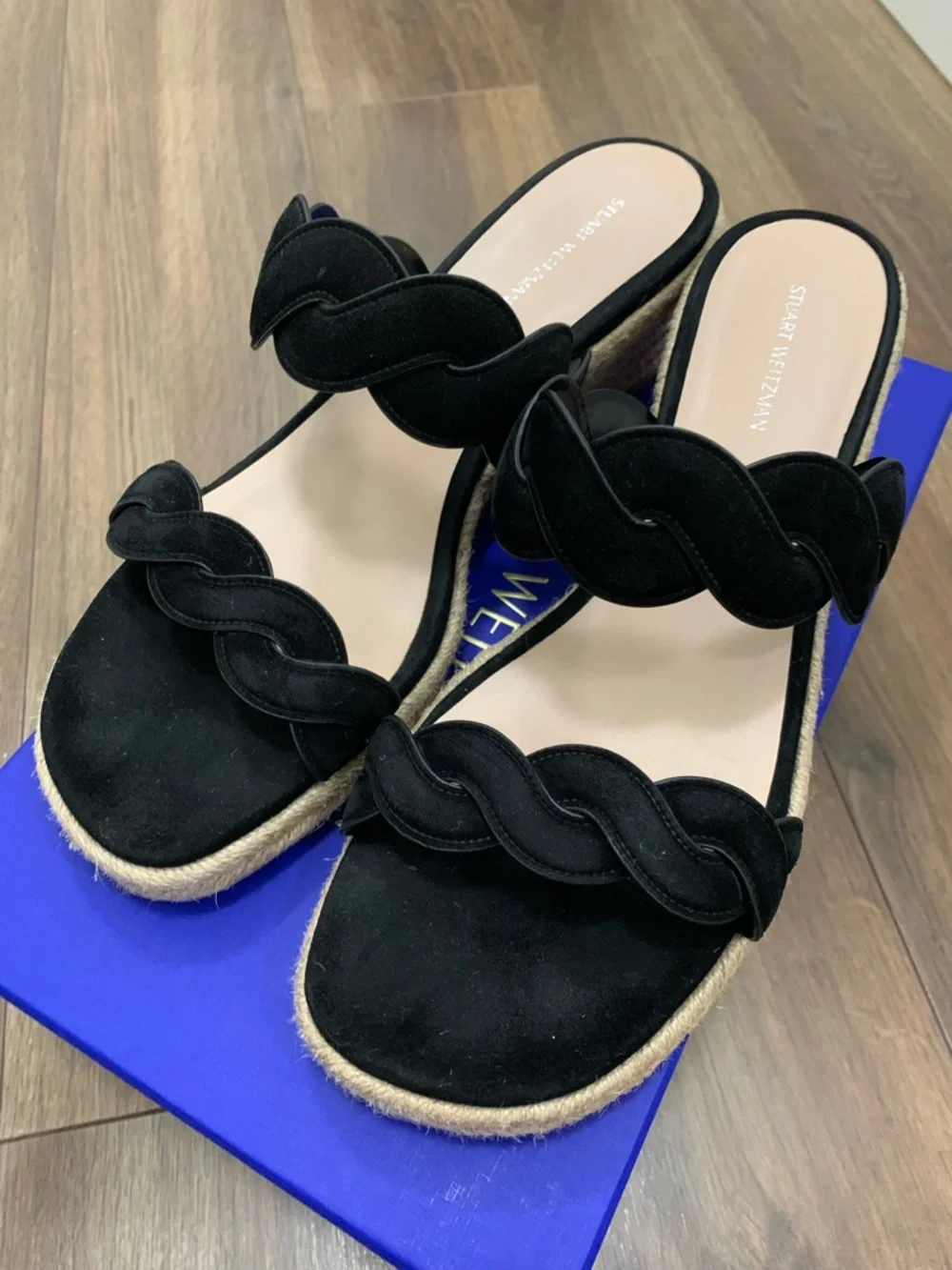 Stuart Weitzman women’s Black Twist Suede Espadrille Wedge Slide Sandal size 9.5 - Picture 6 of 14